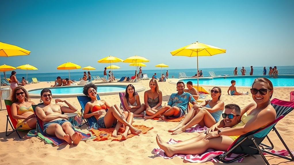 group sunbathing and socializing