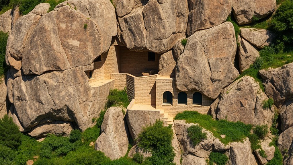 house built within granite boulders
